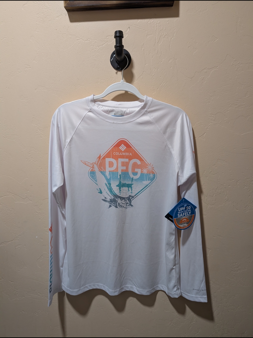NWT Columbia White Long Sleeve Shirt PFG Omni Wick UPF50 Fish Palm Tree Print L